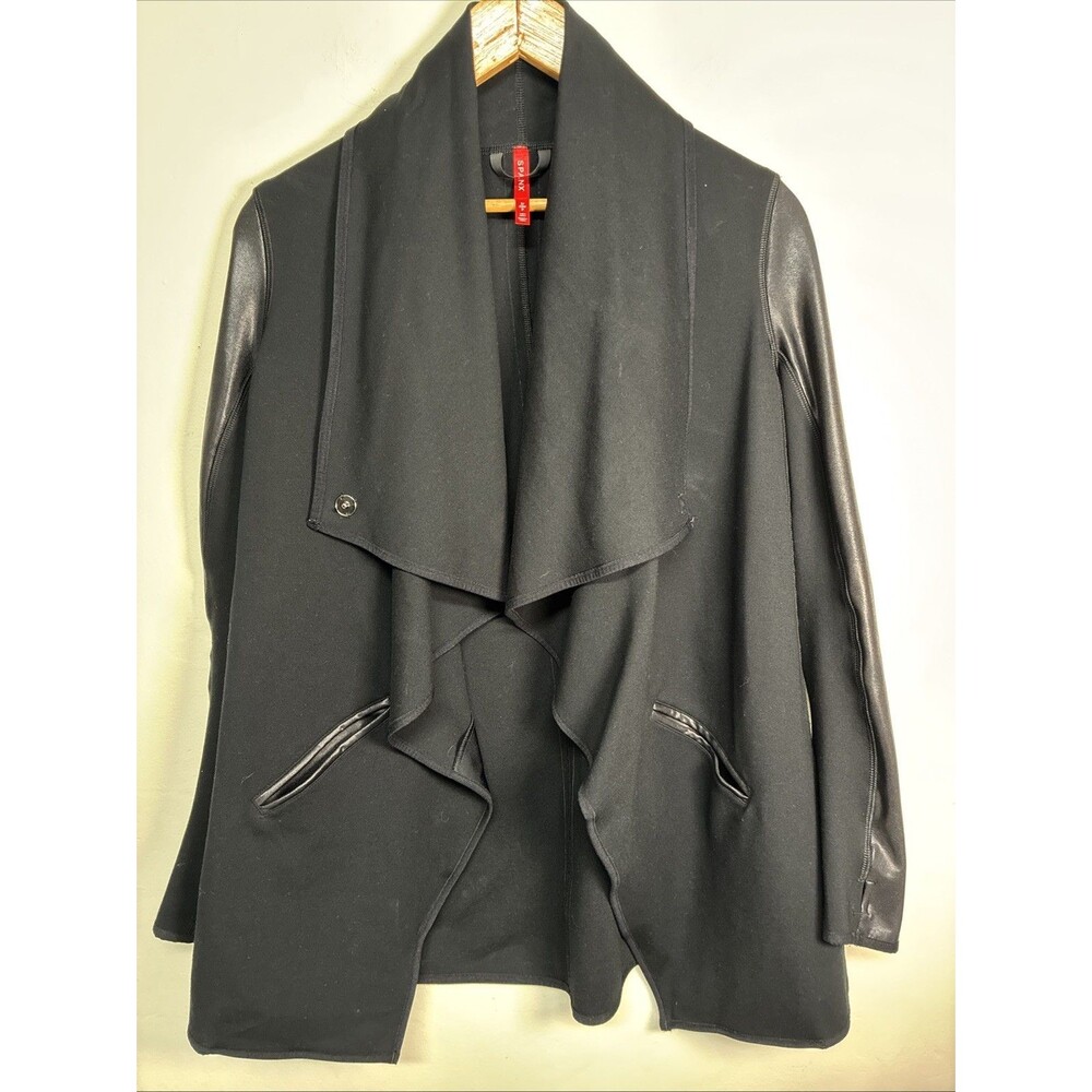 Spanx Drape Front Ponte Jacket Womens Small Knit Asymmetrical Black Thumbholes